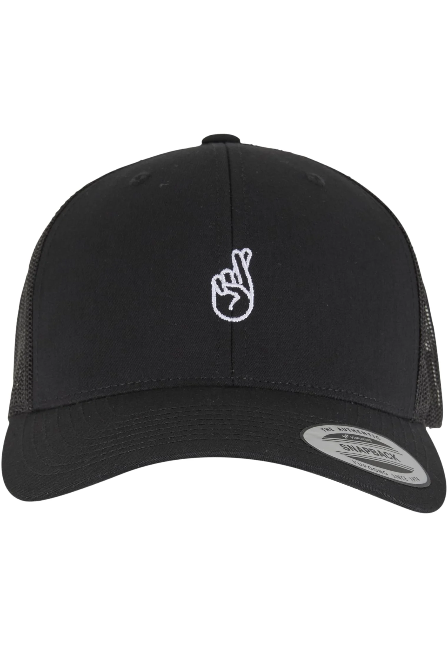 skwm-tb-MT3941_P1-00007_aa456df1-d5bb-45a9-a103-cb9bfb6f9729 Crossed Fingers Handsign Retro Trucker Cap