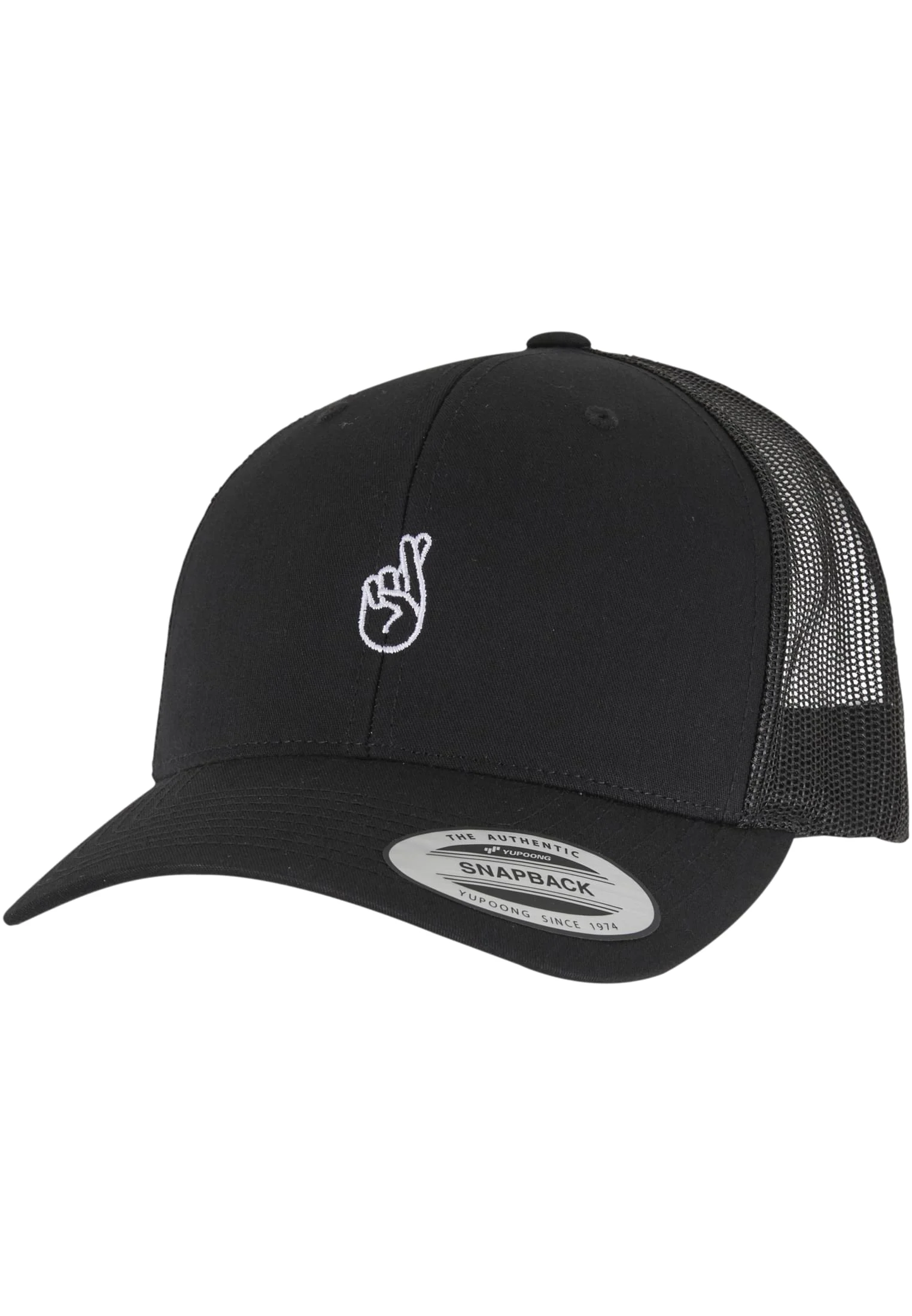 skwm-tb-MT3941_P3-00007 Crossed Fingers Handsign Retro Trucker Cap