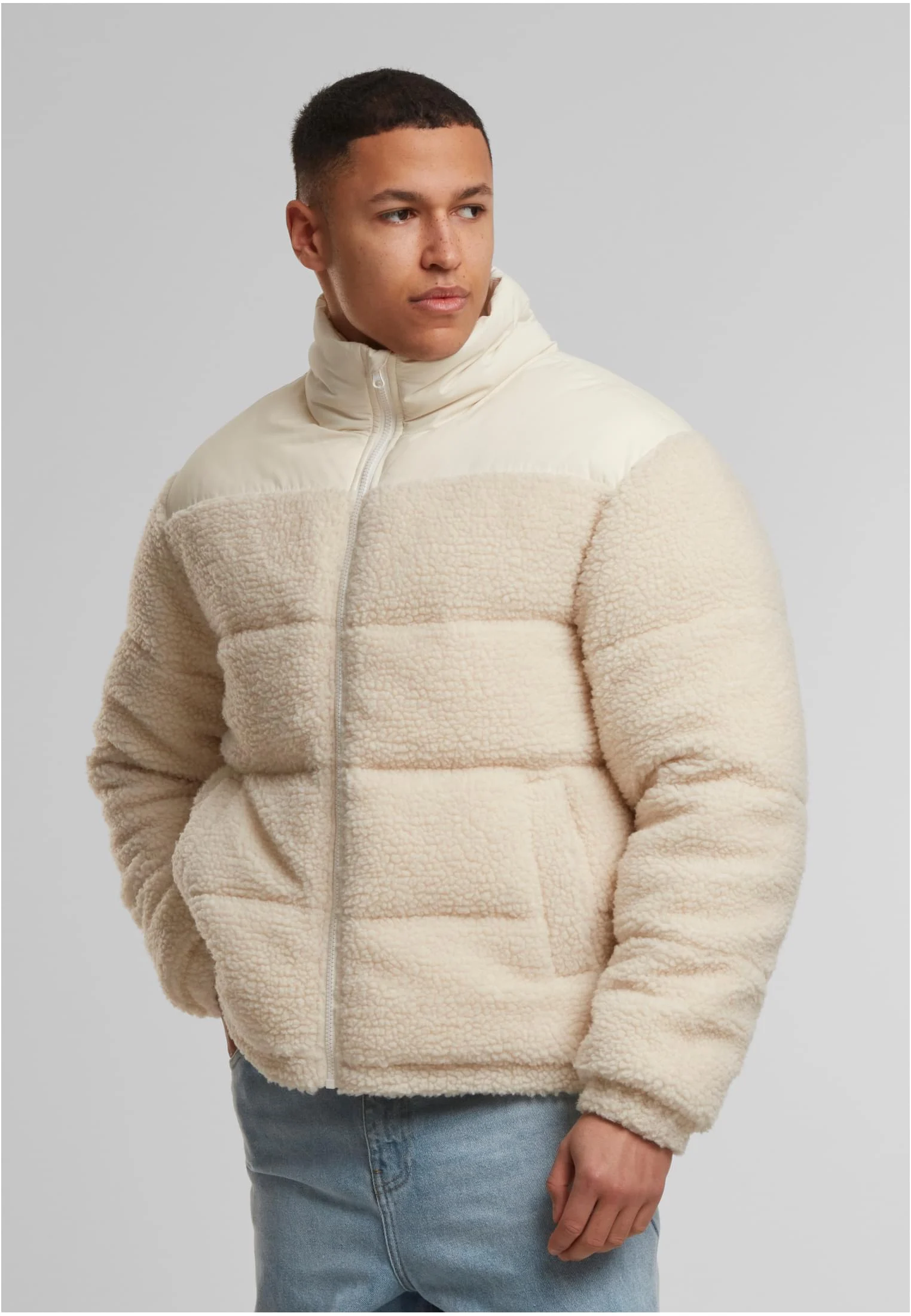 Fabric Mix Teddy Puffer Jacket