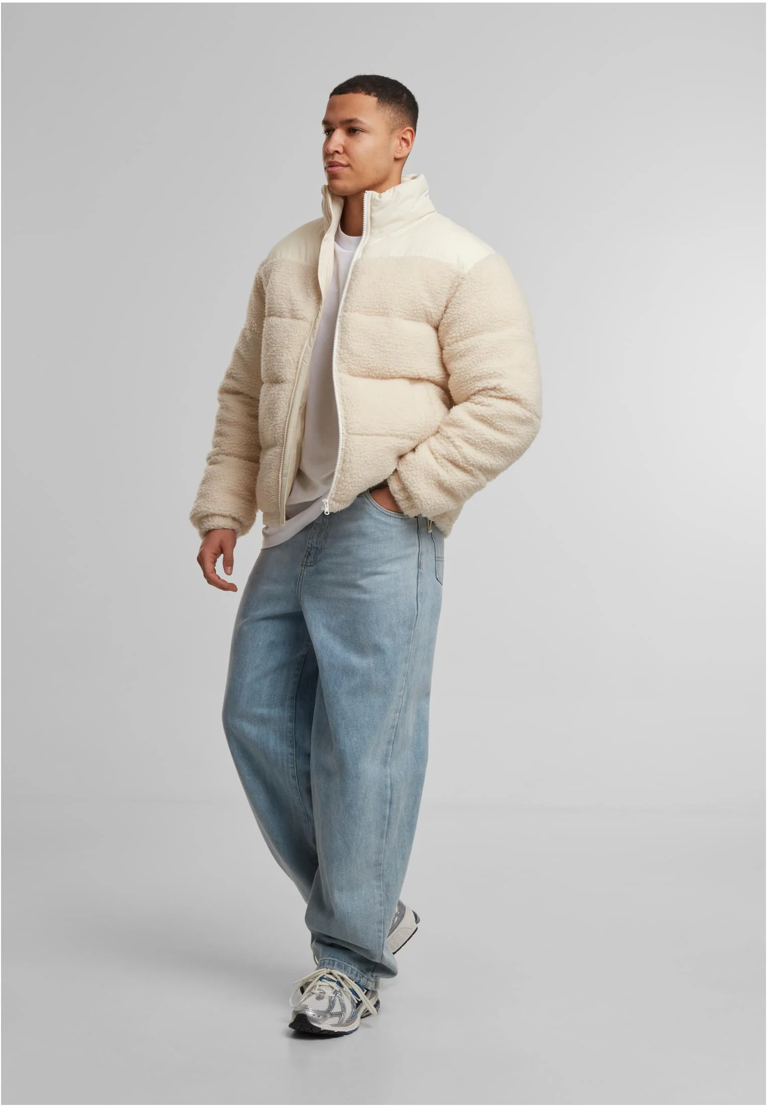Fabric Mix Teddy Puffer Jacket